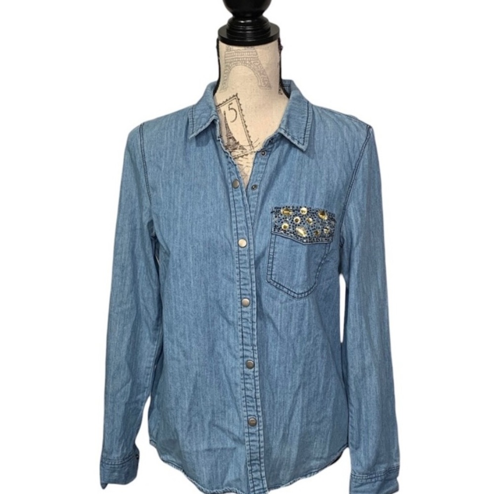VERO MODA Shirt Cowgirl Vibe Lightweight Jean Jewels Snaps L/S Collar Sz M